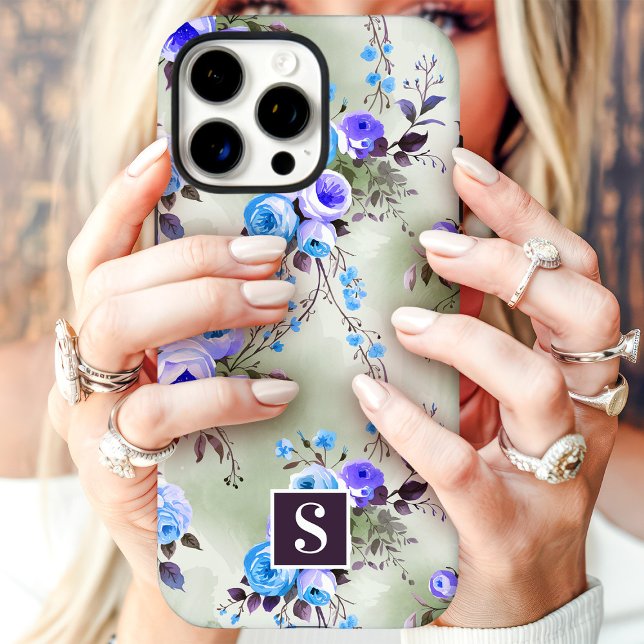 Funda iPhone 16 Pro Max Floral de monograma azul y púrpura (Subido por el creador)