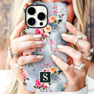 Funda iPhone 16 Pro Max Floral de Monograma de Melocotón y Rosa