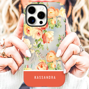 Funda iPhone 16 Pro Max Floral de nombre personalizado coral y amarillo