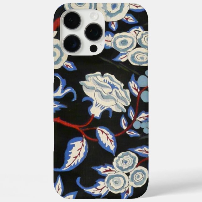FUNDA iPhone 16 PRO MAX FLORAL ELEGANTE DE ARTE DECO, ROSAS BLANCAS AZULES (Reverso )