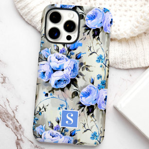Funda iPhone 16 Pro Max Floral Monograma Azul y Periwinkle
