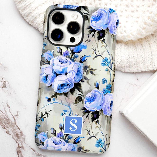 Funda iPhone 16 Pro Max Floral Monograma Azul y Periwinkle (Subido por el creador)