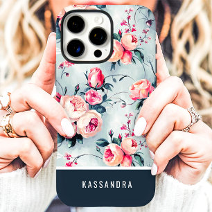 Funda iPhone 16 Pro Max Floral Nombre Personalizado Azul y Melocotón Suave