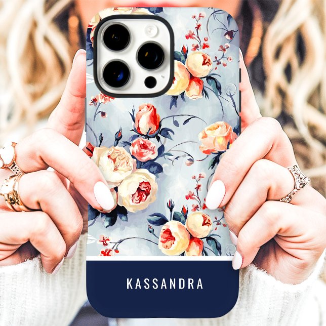 Funda iPhone 16 Pro Max Floral Nombre Personalizado Navy y Melocotón  (Subido por el creador)