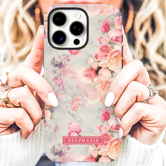 Funda iPhone 16 Pro Max Floral Romántica con nombre rosa (Subido por el creador)