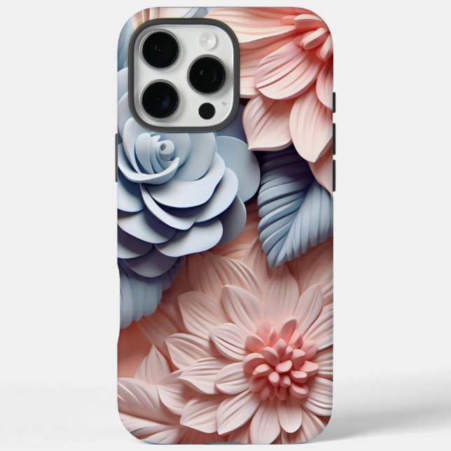 Funda iPhone 16 Pro Max Flores 3D rosadas y azules (Reverso)