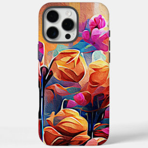 Funda iPhone 16 Pro Max Flores azules rojas Naranja de arte Abstracto flor