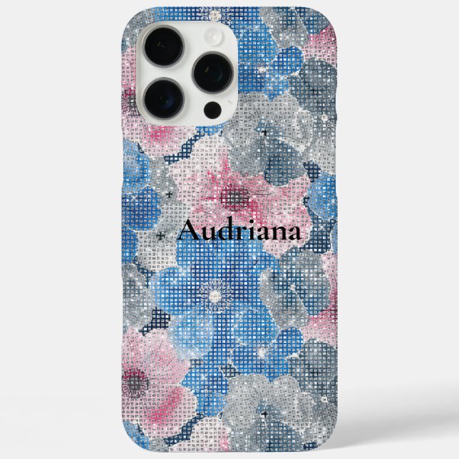 Funda iPhone 16 Pro Max Flores Azules Rosadas Brillan (Reverso )