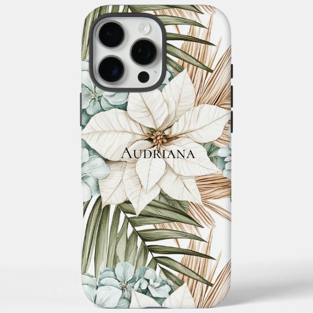 Funda iPhone 16 Pro Max Flores Blancas Azules Tropicales (Reverso)