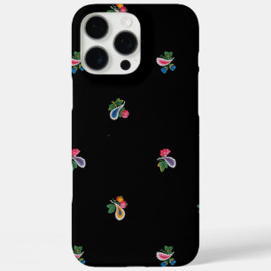 Funda iPhone 16 Pro Max Flores brillantes, hojas y paisley negro