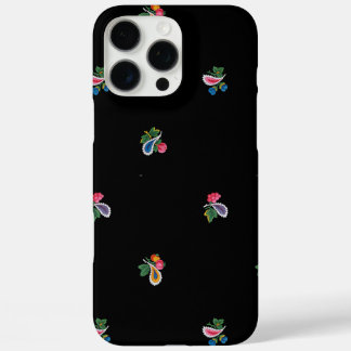 Funda iPhone 16 Pro Max Flores brillantes, hojas y paisley negro