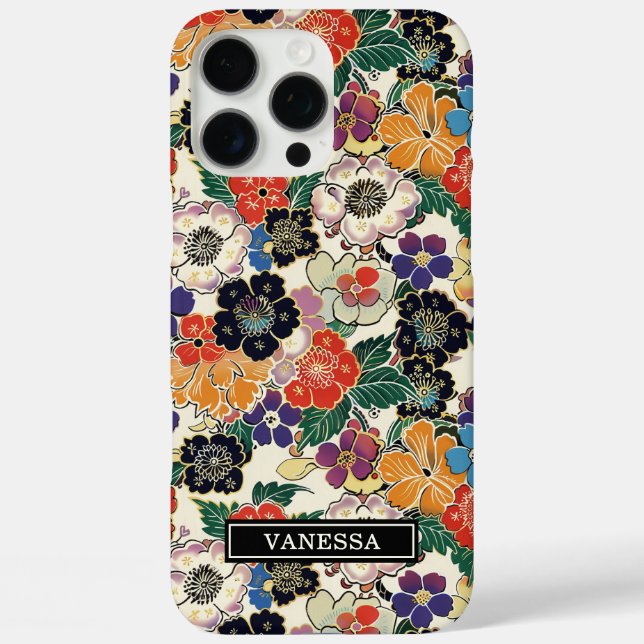 Funda iPhone 16 Pro Max Flores Japonesas Coloridas Monogramadas (Reverso )