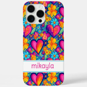 Funda iPhone 16 Pro Max Flores Retro Divertidas Hippie Corazones Personali