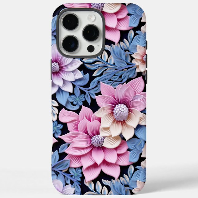 Funda iPhone 16 Pro Max Flores rosadas en relieve (Reverso)