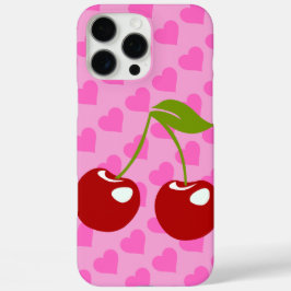 Funda iPhone 16 Pro Max Fondo rosa con corazones rojos y dos cerezas