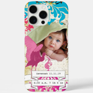 Funda iPhone 16 Pro Max Foto de bebé Estadísticas de bebé Damasco Borde qu