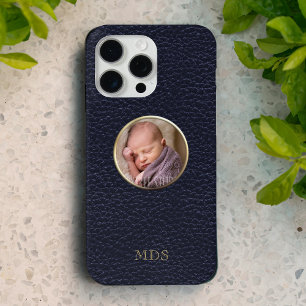 Funda iPhone 16 Pro Max Fotografía Monograma moderno de piel azul medianoc