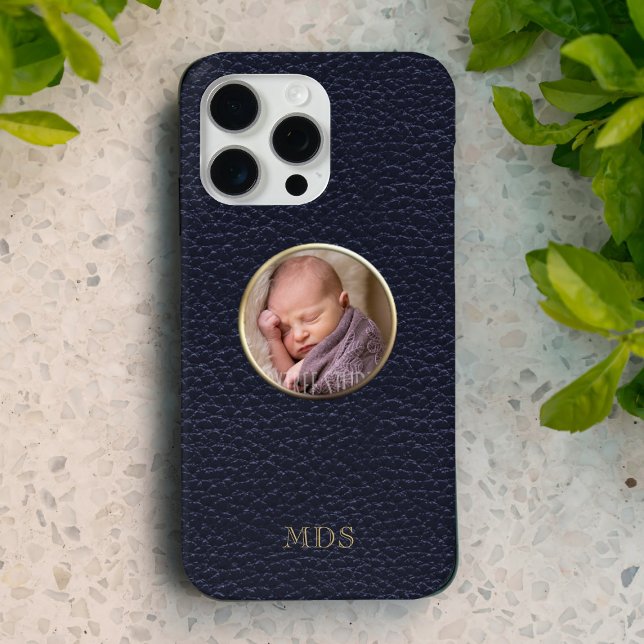 Funda iPhone 16 Pro Max Fotografía Monograma moderno de piel azul medianoc (Just add your photo and initials)