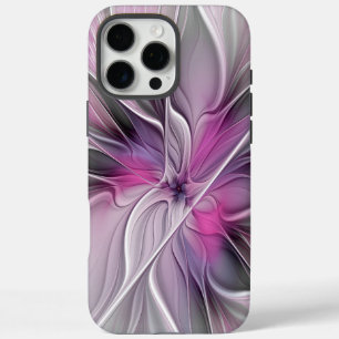 Funda iPhone 16 Pro Max Fractal Floral Moderno Abstracto Flor Rosa Gris