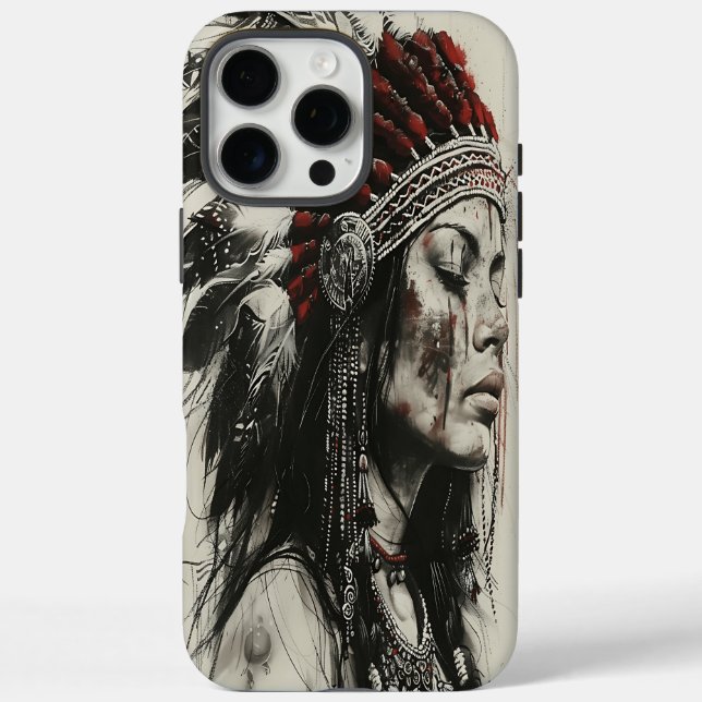 Funda iPhone 16 Pro Max Fuerte guerrero chica indio en la tradición (Reverso)