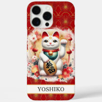Gato de la Suerte con Flores Rojas Monogramado