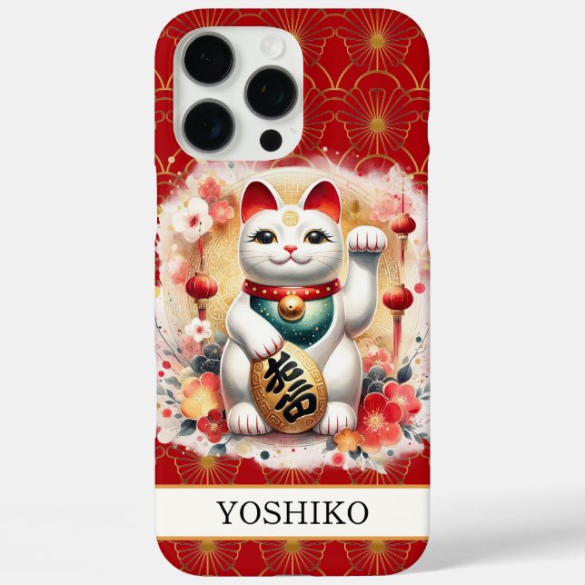 Funda iPhone 16 Pro Max Gato de la Suerte con Flores Rojas Monogramado (Reverso )