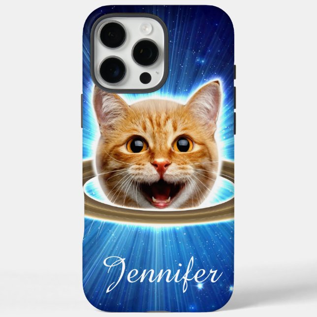 Funda iPhone 16 Pro Max Gato feliz en el espacio. (Reverso)