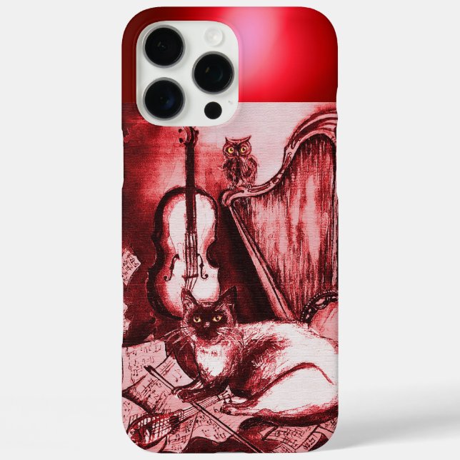 FUNDA iPhone 16 PRO MAX GATO MUSICAL CON OWL EN GEM DE RUBY ROJO (Reverso )