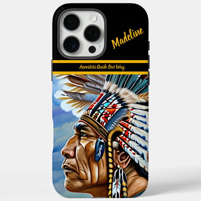 Funda iPhone 16 Pro Max Gazes, un guerrero nativo indio (Reverso)