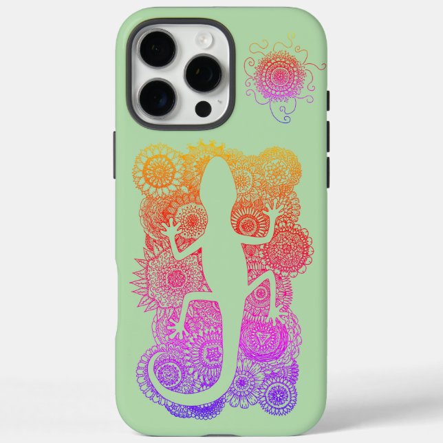 Funda iPhone 16 Pro Max Gecko sitzt auf Mandala Blumen (Reverso)