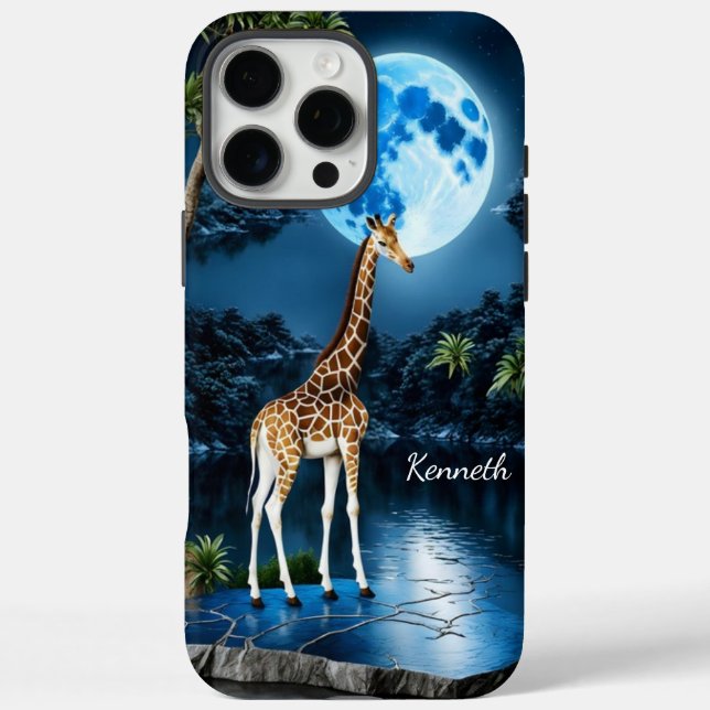 Funda iPhone 16 Pro Max Giraffe bajo una luna azul (Reverso)