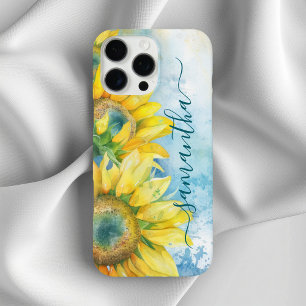 Funda iPhone 16 Pro Max Girasol Acuarela Oscuro Turquesa Femenino Firma