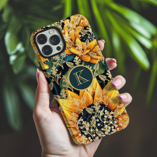 Funda iPhone 16 Pro Max Girasol Falso Brillo Dorado Monograma Floral