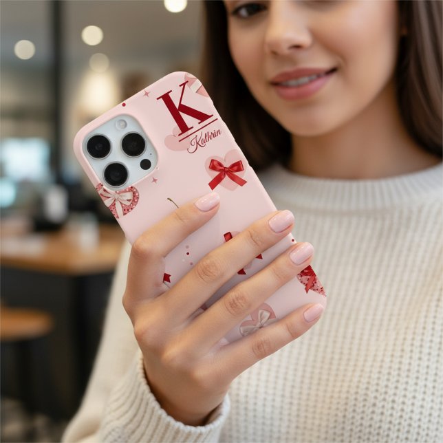 Funda iPhone 16 Pro Max Girly Pink Coquette Hearts and Bows Personalized  (Subido por el creador)