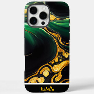 Funda iPhone 16 Pro Max Giros esmeraldas y acentos dorados en arte de márm