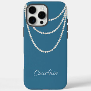 Funda iPhone 16 Pro Max Glam Blue White Pearls