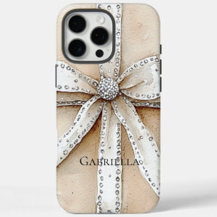 Funda iPhone 16 Pro Max Glitzy Glam Bow de plata blanca crema