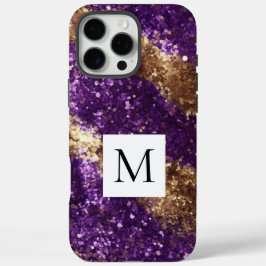 Funda iPhone 16 Pro Max Glitzy Purple Gold Glitter Monogram 