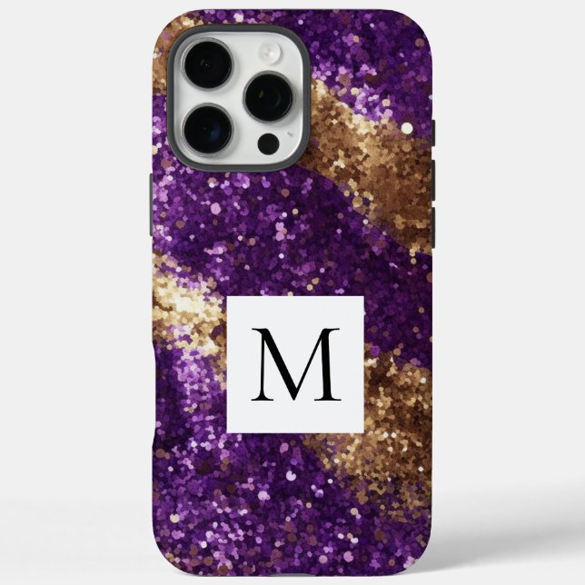 Funda iPhone 16 Pro Max Glitzy Purple Gold Glitter Monogram  (Reverso)