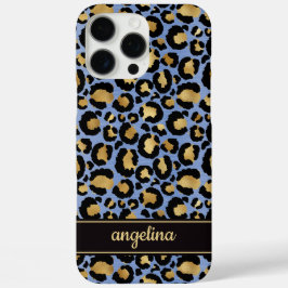 Funda iPhone 16 Pro Max Gold Foil On Blue Leopard Print Monogrammed