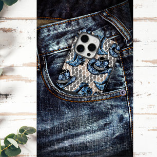 Funda iPhone 16 Pro Max Gorra y botas de vaca, patrón de rosa negro y azul