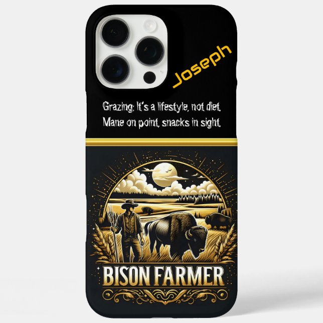 Funda iPhone 16 Pro Max Granjero de Bison al atardecer en los campos (Reverso )