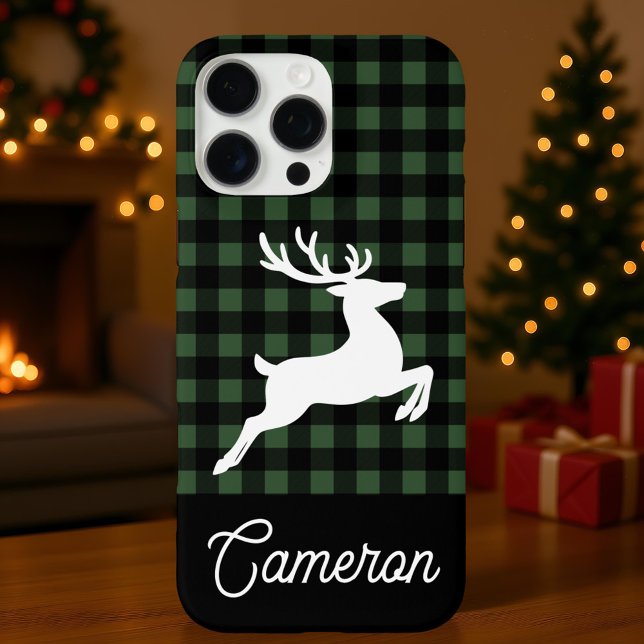 Funda iPhone 16 Pro Max Green & Black Plaid with Reindeer Custom Name (Subido por el creador)