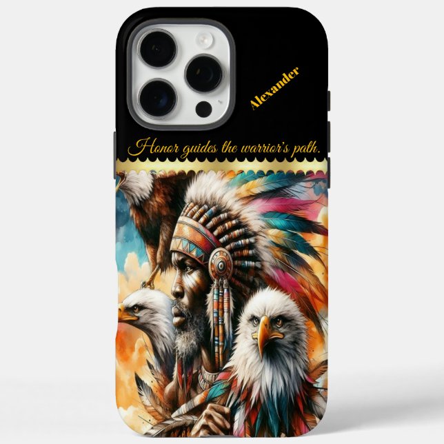 Funda iPhone 16 Pro Max Guerrero africano con águilas. (Reverso)