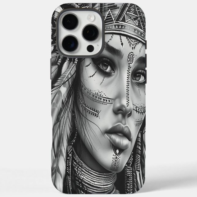 Funda iPhone 16 Pro Max Guerrero chica indio despliega fuerza (Reverso)
