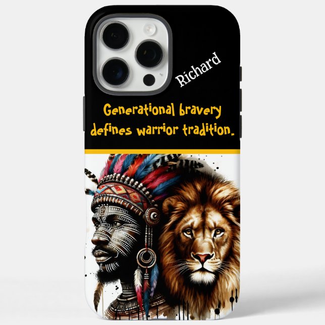 Funda iPhone 16 Pro Max Guerrero emplumado con un león (Reverso)