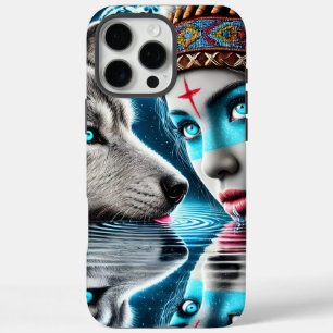 Funda iPhone 16 Pro Max Guerrero nativo indio y reflejos de lobo