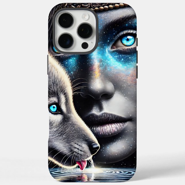 Funda iPhone 16 Pro Max Guerrero nativo y lobo bajo luz de la luna (Reverso)