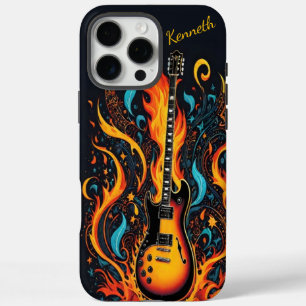 Funda iPhone 16 Pro Max Guitarra colorida con llamas giratorias