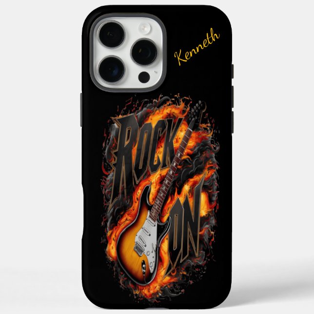 Funda iPhone 16 Pro Max Guitarra eléctrica llamativa con texto en negrita (Reverso)